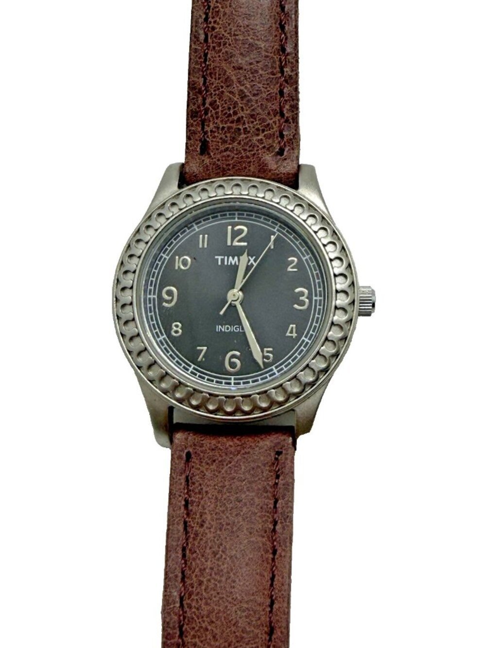 Timex Indiglo Womens Quartz Watch Silver Tone Brown Leather Band Arabic Numerals